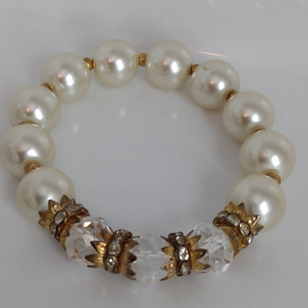 Off White Imitation Pearl Bead Crystal Gold Tone Colorless Bead Stretch Bracelet